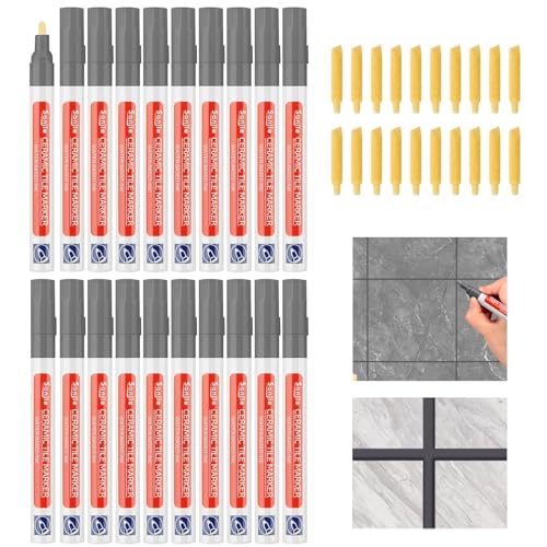 20 lápices para juntas grises para restauración, lechada, azulejos gris oscuro, rotulador para reparación de azulejos, baño, cocina, con 20 puntas de repuesto