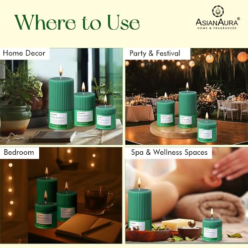 Image of ASIAN AURA Ribbed Pillar Candles - Pack of 3 | Scented Candles for Home Decor, Gifting & Festive Use | Long Burn time up to 36hrs | Clean-Burning Wax & Smokeless Flame (White Jasmine)