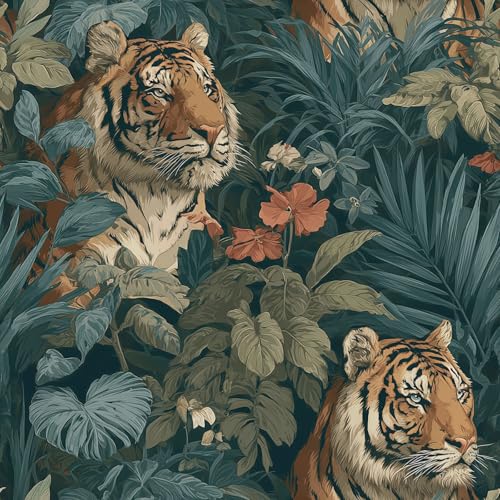 Alzkkll Jungle Peel and Stick Floral Bird Wallpaper Fierce Tiger Removable Botanical Leaf 17.7" x 236.22" Wall Paper Watercolor Self Adhesive Contact Paper for Classroom Bedroom Laundry Room Bathroom by Alzkkll - Used condition - US$27.62