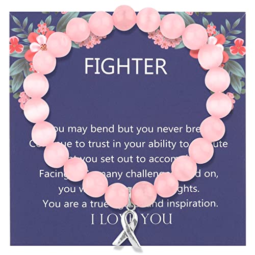 Image of Breast Cancer Awareness Bracelet Pink Rhinestone Ribbon Charm Beads Bracelet Breast Cancer Support Gift (pink FIGHT br)