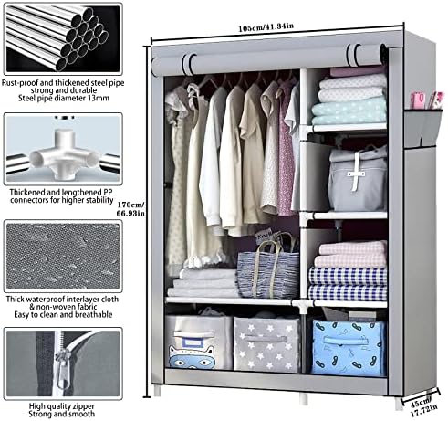 SMILOVII Fabric Wardrobes, Portable Canvas Wardrobe Clothes Storage Organiser, Foldable Closet Cupboard Unit, Fabric Wardrobes Shelves with Hanging Rail for Bedroom Living Room, Grey