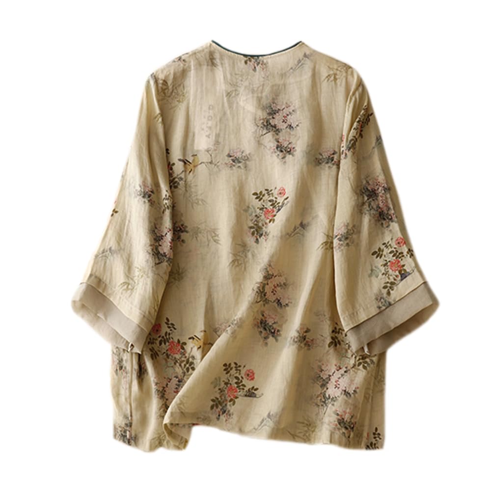 Chemisier chinois à manches 3/4 pour femme - Col mandarin traditionnel - Ethnique - Coton et lin - Qipao