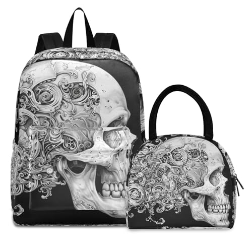 Backpack Lunch Bag Set Art Skull Print, Big Storage Travel Backpacks with Insulated Lunch Box for Office Hiking Picnic