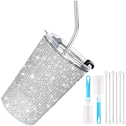 Bling Diamond Straw Cup Bling Strass Edelstahl Thermoflasche nachfüllbar isolierte Glitzer Wasserflasche 2 Stück blaue Tassenbürsten 6 Stück Strohhalmbürsten Cover