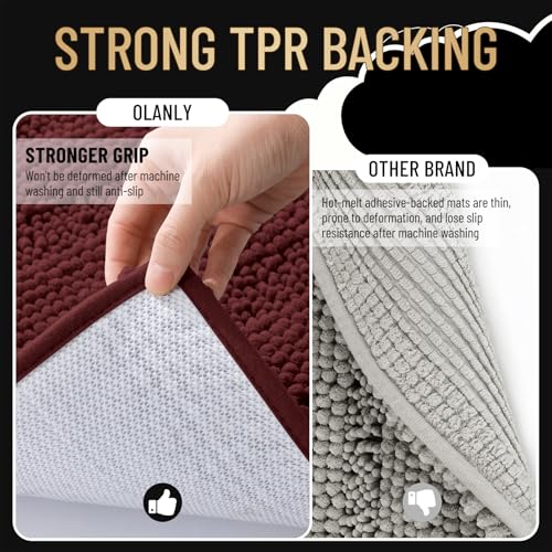 Image of OLANLY Thick Bathroom Rugs 36x24, Extra Absorbent Chenille Striped Bath Rugs, Rubber Backing, Machine Wash Dry, Bath Mats for Bathroom Floor, Tub and Shower, Home Decor Accessories, Andorra Red-Brown
