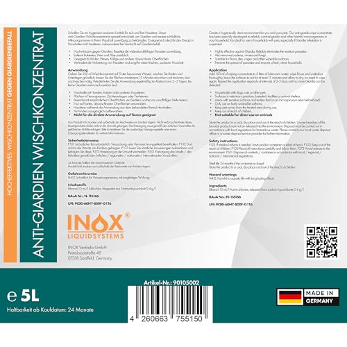 INOX Hocheffektives Giardien Desinfektionsmittel 5L I Anti-Giardien Wischkonzentrat für alle Oberflächen I Wirksames Desinfektionsmittel für Giardien für den Haushalt