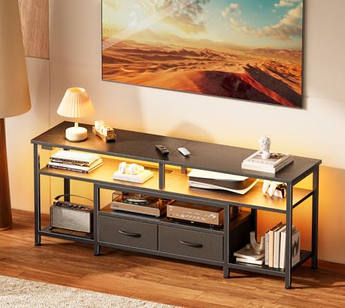 Huuger TV Stand for 55 60 Inch TV, Entertainment Center with Power Outlets and LED Lights, 54 Inch TV Console for Living Room, Media Console with Drawers and Shelves, Black, 8778BC