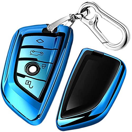 Image of QBUC for BMW Key Fob Cover with Leather Keychain, Blue | for BMW 2 5 6 7 Series X1 X2 X3 X5 X6 X7 Premium Soft TPU Key Fob Holder