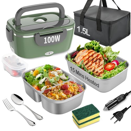 BYbrutek Contenitore per il pranzo elettrico, 100 W, 1,5 l, rimovibile, in acciaio inossidabile, portatile, riscaldato, 3 in 1, 12 V/24 V/220 V, contenitore termico per auto/camion/ufficio/casa (verde