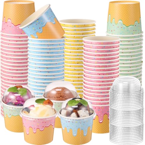 Jingmore 40 Count Paper Ice Cream Cups with Clear Dome Lids Disposable Dessert Cups Bulk Dessert Bowls Sundae Containers for Snack Yogurt Soup Birthday Ice Cream Party Supplies (6 oz)