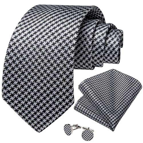 Image of DiBanGu Striped Tie Set for Men Silk Woven Plaid Necktie and Pocket Square Cufflinks Business Wedding