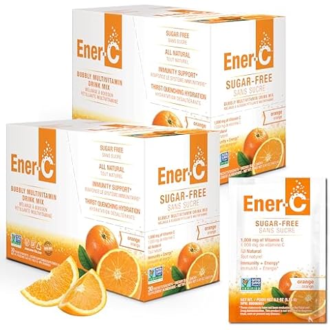 Ener-C Sugar Free Energy Orange Multivitamin Drink Mix Vitamin C 1000mg & Electrolytes - Natural Immunity Support with Real Fruit Juice Powders Non-GMO Vegan & Gluten Free - 60 Count Cover