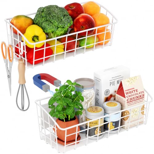 Image of 2Pack Magnetic Shelf for Refrigerator with Removable Hooks(White) | Strong Magnetic Spice Rack for Kitchen Storage, Fruit Potato Onion Storage Shelves, Large Magnetic Basket Organizer
