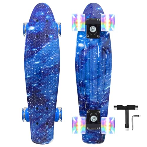 Nattork Skateboards 22 Inch Mini Cruiser Blue Skateboard Complete Retro Skate Boards with Colorful Light Up PU Wheels for Kids Girls Boys Beginners