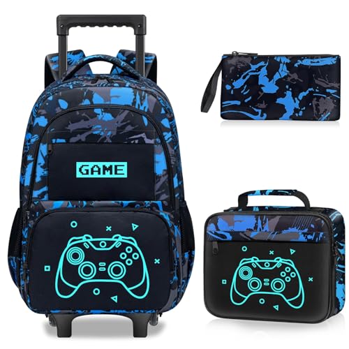 Gamer Rolling Backpack for Boys - 3PCS Boys Rolling Backpack with Lunch Box Set for Kids Children Teens Elementary Middle School,Glow in The Dark Roller Bookbag with Wheels for Age 6-18