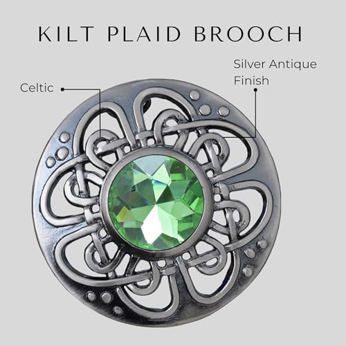 Image of Elegant Culloden Plaid Brooch - Scottish Kilt Fly Plaid Brooch Intricate Celtic Knot in Pewter with Gemstone 3-Inch Diameter - Ideal for Scottish Kilts & Formal Wear