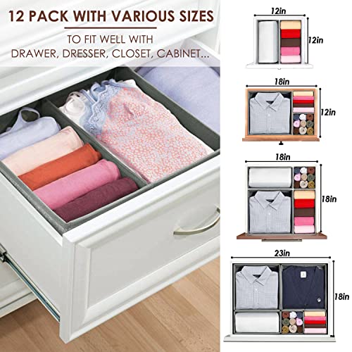 Image of 12 Pack Drawer Organizers for Clothing, Foldable Clothes Storage Box Closet Dresser Drawer Organizers Dividers, Bedroom Organization Fabric Bins for Baby Clothes Underwear Sock Bra Ties (Grey)