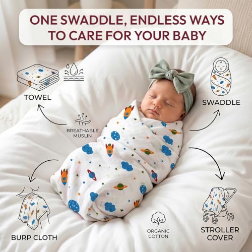 Image of StarAndDaisy Organic Muslin Swaddle Blanket Pack of 3 for Newborn Babies, Cotton Muslin Receiving Blanket, Ultra Soft Breathable Baby Wrap, Burp Cloth & Stroller Cover, 75 x 80 cm