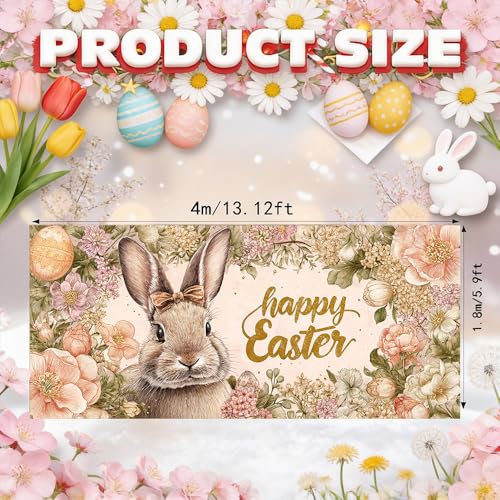Image of Easter Garage Door Cover 157.48 x 70.87 Inch Floral Frame Cute Bunny Happy Easter Text Elegant Spring Illustration Outdoor Garage Decor Seasonal Family Celebration Spring Yard Display