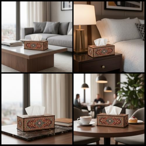 Image of Wooden Tissue Box Holder with Royal Persian Heritage Print Premium Decorative Tissue Case for Home, Office & Luxury Decor Durable MDF Build (6.5 x 5 x 3 Inch)