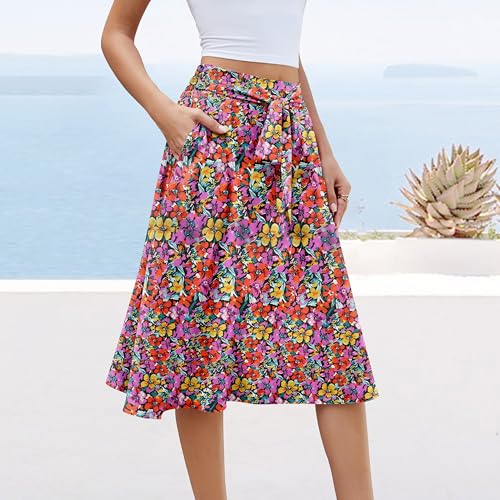 Womens Flowy Skirts Midi Length High Waisted Trendy Boho Floral Beach Skirt with Pockets4