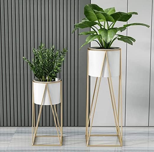 Image of Decent Home Decor Iron Metal Indoor Out Door Bedroom Home Office Planter Pot Tall Stand with Planter for Living Room, Balcony Flower Pot Stand Set of 2 (White)