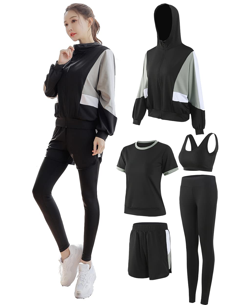 Women's Sportswear Yoga Wear Training Wear Running Wear 5-Piece Set with Stretch, Breathable, Sweat Absorbent, Quick Drying, Fitness Jersey, Sports Bra, Long Tights, Hoodie, Short Pants for Medium #04-Grey (Set of 5)