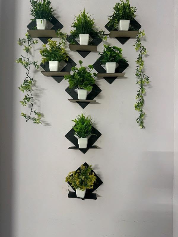 Image of Diamond Shape Wall Shelf with Artificial Potted Plants, Set of 7, Home Decor (Brown)