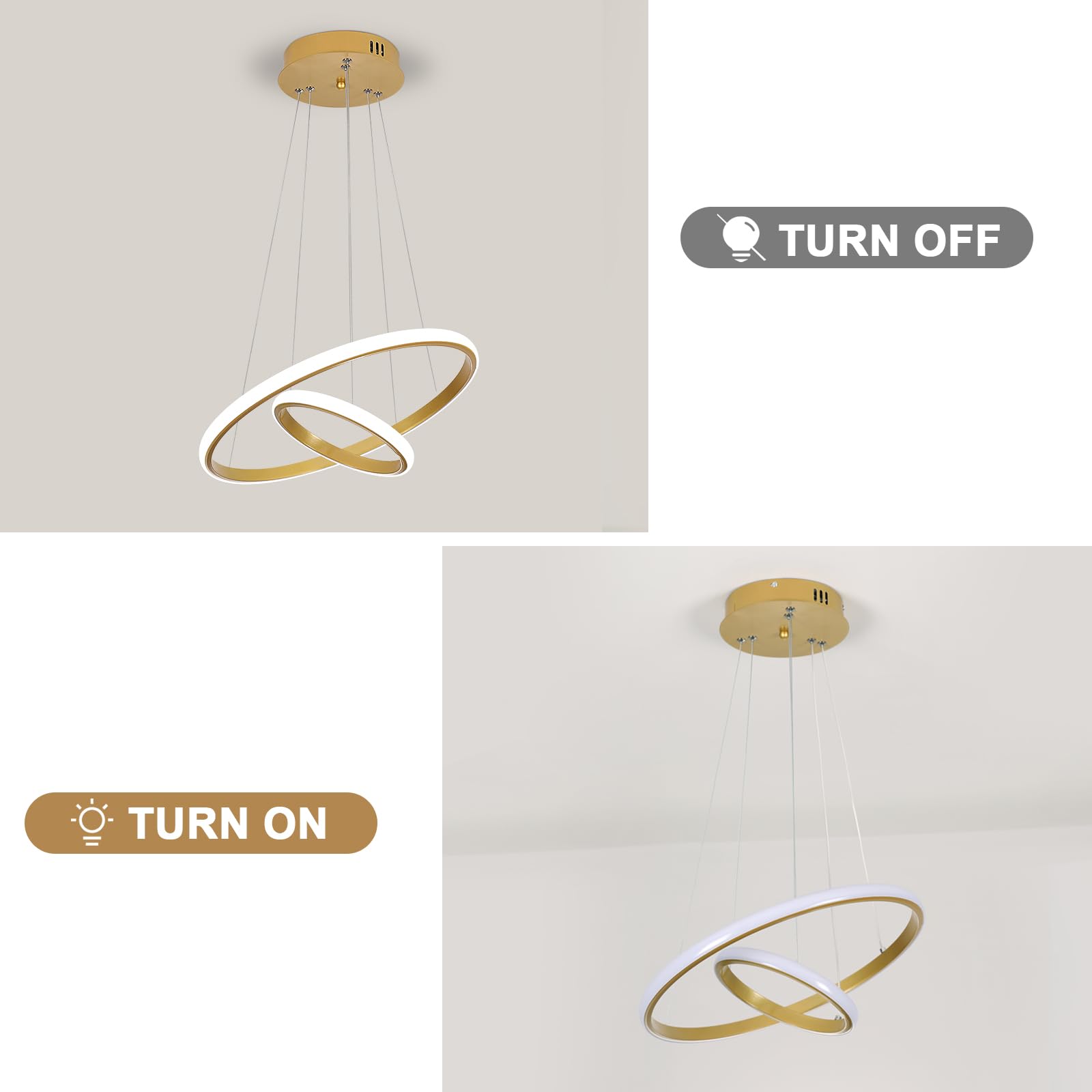 Goeco Lampadario LED Moderno ad 2 Anelli Oro, Lampada a Sospensione 32W | Altezza Regolabile, Lampadario Circolare Design Minimalista per Soggiorno, Sala da Pranzo, Camera da Letto, Hotel