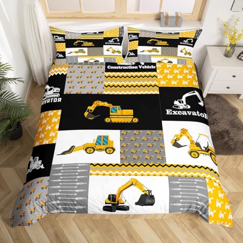 Loussiesd Excavator Bedding Children Construction Vehicles Bedding Set Double Equipment Truck Duvet Cover Set Boys Girls Car Duvet Cover Geometric Lattice Decor Teenagers