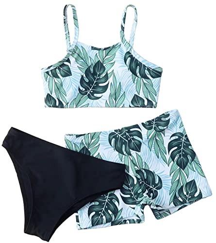 Girls 3 Piece Bikini Swimsuits Tween Bathing Suit Floral Swimwear with Cover Up Beach Skirt #23Tropical Black 10-11 Years