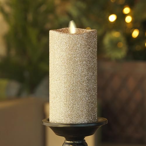 Image of Luminara Realistic Artificial Flame Gold Glitter Pillar Candle - Moving Flame LED Battery Operated Lights - Unscented - Remote Ready - Remote Sold Separately - 3 inch x 6.5 inch