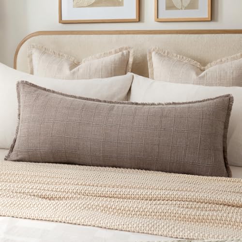 Image of Foindtower Set of 1 Decorative Linen Check Fringe Throw Pillow Cover Cozy Farmhouse Body Cushion Cover Modern Boho Home Decor for Sofa Chair Couch Bedroom Living Room Outdoor,14x36 Inch,Tan Taupe