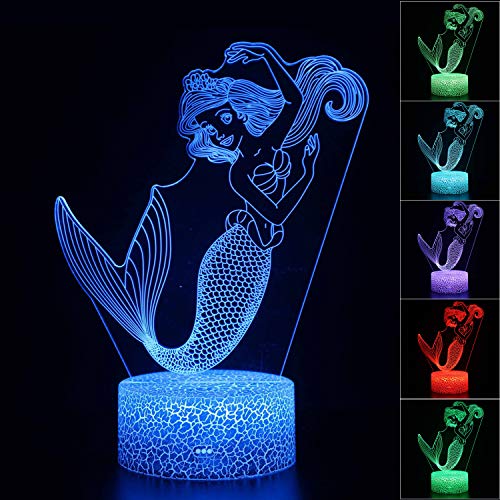 AZALCO Mermaid 3D Night Light for Girls,16 Colors Dimmable Mermaid Table Lamp with Touch Switch Luminous Base & Remote for Kids Birthday Gifts
