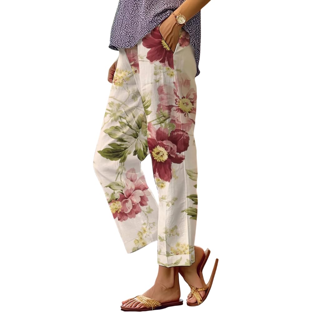 Akivide Womens Floral Cropped Linen Pants Summer Elastic Waist Straight Leg Casual Beach Trousers with Pockets