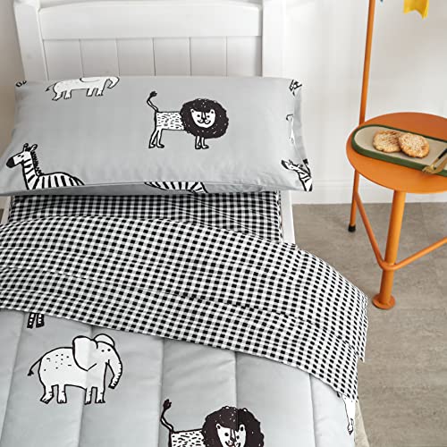 Image of Flysheep 4 Piece Gray Grey Toddler Bedding Set with Multi Animals Printed for Baby Boys - Includes Quilted Comforter, Flat Sheet, Fitted Sheet & Pillow Case, Soft & Comfortable Microfiber