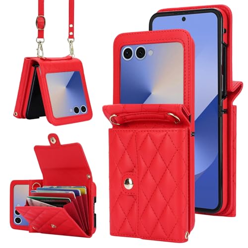 for Samsung Galaxy Z Flip 7 Accordion Crossbody Wallet Case, 4 Card Slots, RFID Blocking, and Adjustable Strap - Stylish and Versatile Accessory.(Red) Red Samsung Galaxy Z Flip 7