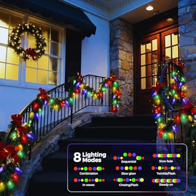 Solar Christmas String Lights, 50 LED 8 Modes C6 Strawberry Multicolored String Lights Waterproof Rechargeable Outdoor Garden Fairy Lights for Christmas Tree, Xmas Yard, Party, Wedding Decorations