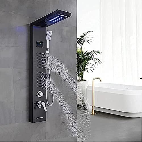 Panel de ducha negro LED de acero inoxidable con 5 funciones, sistema de ducha, cabeza de ducha tipo cascada y lluvia, jets, ducha de mano ABS y caño para baño miniatura 7