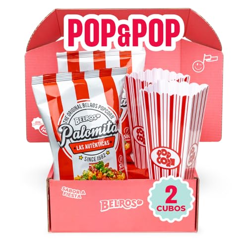 BELROS Kit Palomitero. Palomitas Maíz Dulces y 2 Cubos Reutilizables Color Rojo. Especial para Compartir. Aperitivo. Disfruta con tu Pareja, Amigos. Perfecto Regalo San Valentin, Navidad, Cumpleaños