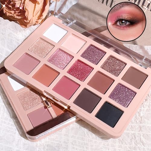 Eyeshadow Pink Eye shadow Palette, Make-Up Palettes Shimmer Glitter Matte Shadows Pallets for Women, 15 Color Pink Brown Natural Long Lasting Highly Pigmented Eyeshadow Palette - Image 4