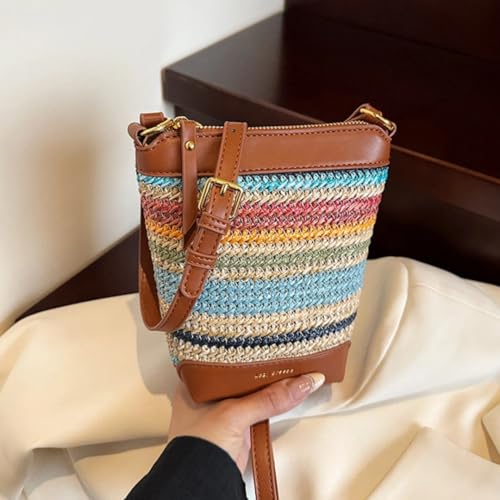 ORBENTO Rainbow Braided Straw Beach Bag for Women Lightweight Summer Shoulder Tote Resort Bucket Purse3