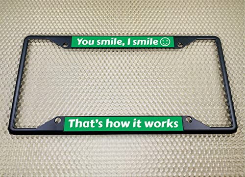 Image of Personalized with Custom Text Design - 4 Hole Black Metal Laser Engraved US Standard Size - Car License Plate Frame with Free caps - Green /White Text (Qty: 1 Frame)