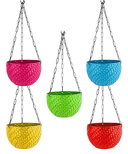 Image of Bianco Multicolor Round Rattan Woven Plastic Flower Hanging Planter /Beautiful Round Gamla Pot /Flower Hanging Pot (Pack of 5)
