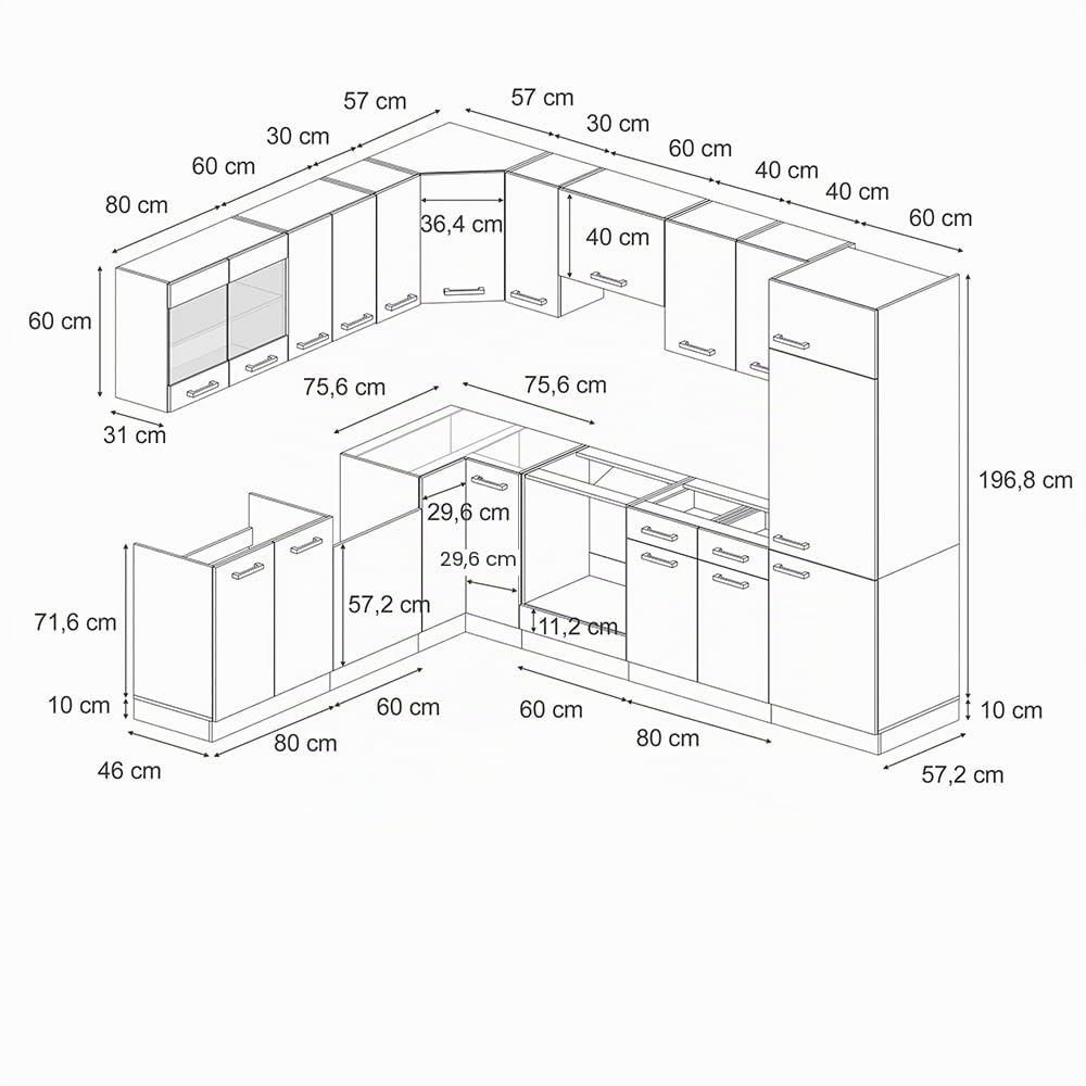 Vicco Cuisine en Angle R-Line, Noir Brillant/Chêne doré, 287 x 227 cm | 12 Modules · Pieds réglables en hauteur · Sans plan de travail · Façades robustes · Avec armoire pour réfrigérateur