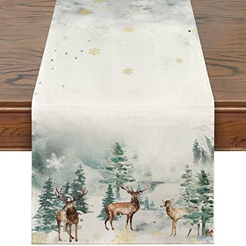 Siilues Winter Table Runner, Watercolor Deer Winter Decorations Snowflake Winter Runner For Table Seasonal Winter Holiday Decor For Dining Table Decorations (13'' X 72'') #TOP24
