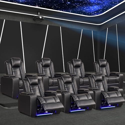 Image of ANJ Power Recliner Chairs Set of 7 for Adults, PU Leather Home Theater Seating with Adjustable Powered Headrest,LED,Storage,USB,Cup Holders,Black