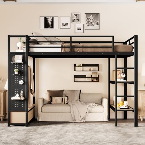 Image of Bellemave Full Size loft Bed with Wardrobe and Storage Shelves and Pegboard Drawers, Metal Full Loft Bed Frame for Adults, Kids, Teens, Black