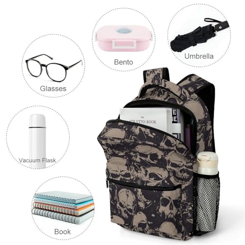 Retro Skull Lightweight Travel Backpack With Zipped Front Pocket Printed Laptop Bag Fashion Casual Daypack For Work, Hiking, Camping Unisex4