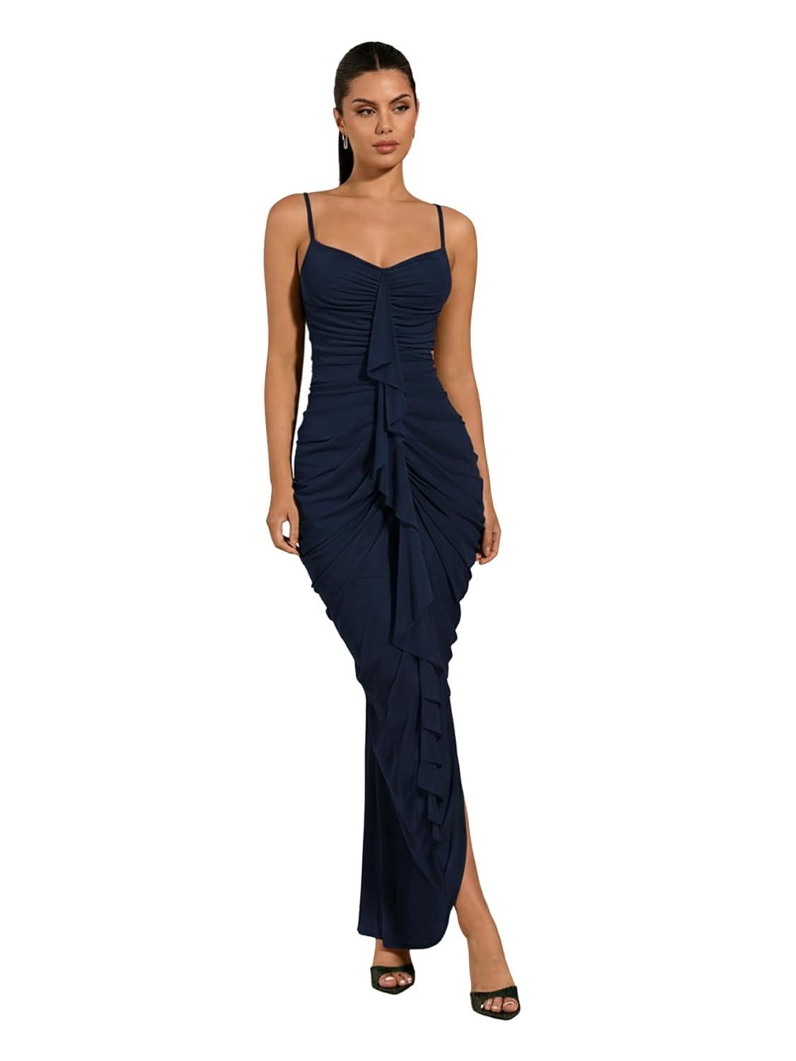 Floerns Womens Ruffle Ruched Cami Dress Draped Split Elegant Bodycon Maxi Dresses